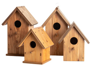 Assorted Vintage-Style Birdhouses with Varied Roof Designs, Angled Side View, White Background