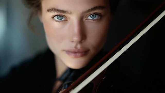 Face pressed into violin's bow, surrendering to final notes