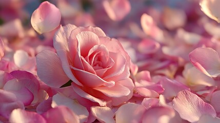 Close-up view of a delicate pink rose surrounded by scattered petals, soft focus.