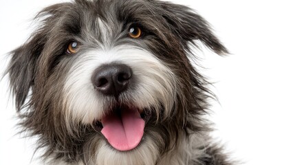 A happy Border-mix dog gazes directly at the viewer with a wide, open mouth and a joyful expression. The dog has a shaggy, gray and white coat with darker markings around its muzzle and eyes.