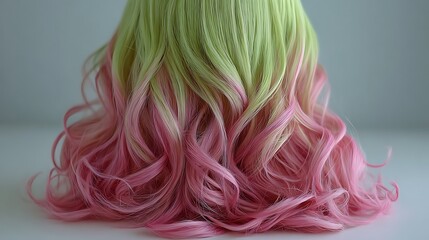Wig with green and pink hair, wavy and colorful.