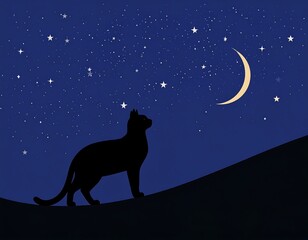 Silhouetted cat gazes at crescent moon & stars