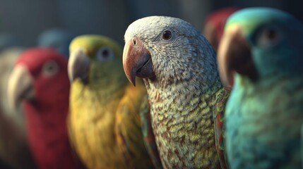 Obraz premium a group of parrots in an enclosed space. they display various colors on their feathers