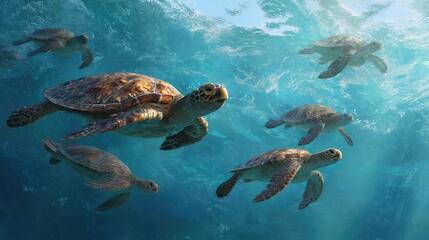 Obraz premium a vibrant underwater scene featuring several green sea turtles swimming in close proximity to each other. they are surrounded by blue water that contrasts with their shells