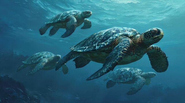 four sea turtles gracefully swimming in an underwater environment