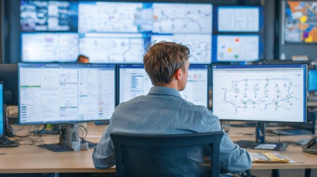 Focused operations research analyst reviewing scenario testing outcomes on multiple screens optimizing supply chain strategies in a collaborative workspace.