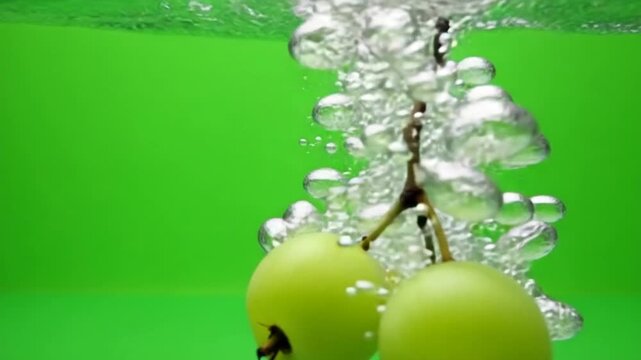 Green grapes fall into the water. Filmed on a high-speed camera at 1000 fps. High quality FullHD footage