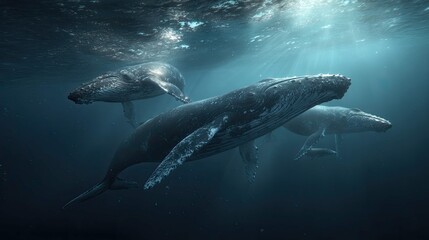 Fototapeta premium a group of humpback whales swimming underwater, their bodies partially submerged against the deep blue backdrop