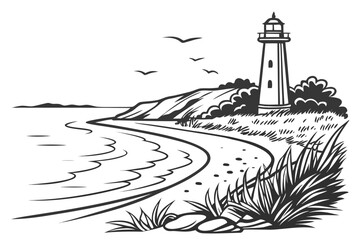 Coastal lighthouse scene with birds and beach