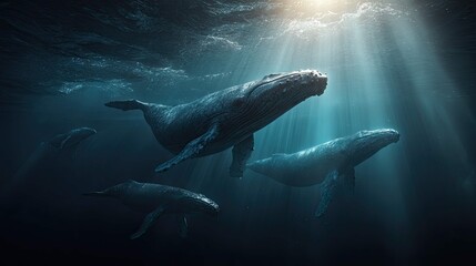 Fototapeta premium an underwater scene featuring two humpback whales swimming together in what appears to be a deep ocean environment with clear visibility and sunlight filtering through from above