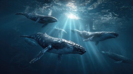 Fototapeta premium a serene underwater scene featuring a family of whales swimming in close proximity. they are surrounded by bubbles and illuminated by sunlight streaming down from above