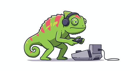 Obraz premium A green chameleon wearing headphones plays a video game