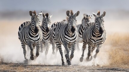 this image captures a group of zebras running across a dry grass field, with dust being kicked up by their movement
