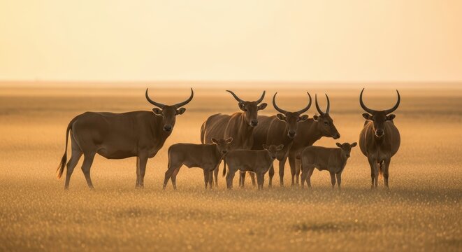 Herd of ankole cattle grazing on dusty savannah at sunset