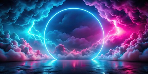 Surreal Dreamscape Glowing Neon Circle Enhances a Dramatic, Colorful Cloudscape with Lightning Bolts Reflecting on a Still, Dark Body of Water