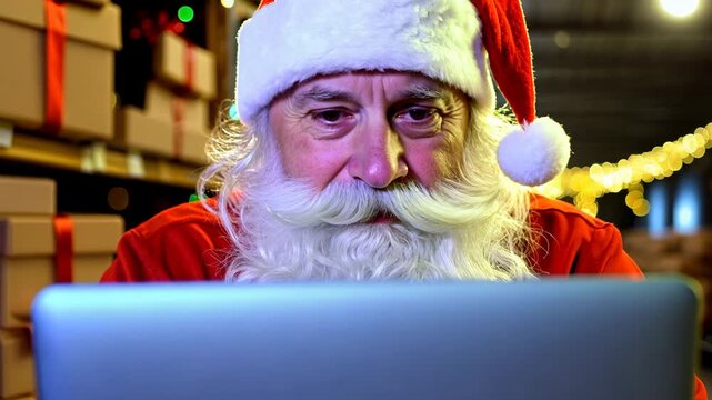 Santa Claus sits in the warehouse of his factory with laptop and keeps a record of gifts. At his factory, Santa sits with a laptop, keeping careful records of all gifts.