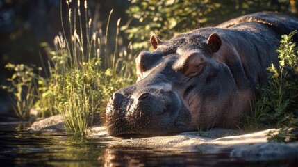 Fototapeta premium a tranquil scene of wildlife, featuring an alligator resting in a body of water with surrounding vegetation
