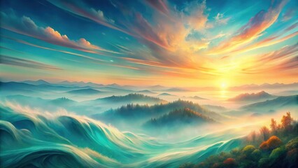 Serene Sunrise Over Misty Mountains and Rolling Waves of Color