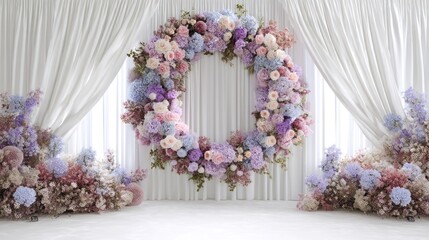 A stunning floral archway dominates the center of the image, crafted from a vibrant assortment of purple and pink flowers, including hydrangeas, roses, and other blooms. 