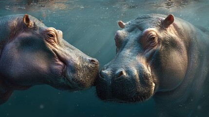 Fototapeta premium two hippos submerged in water, appearing to be interacting closely with each other, possibly engaged in a social or playful behavior