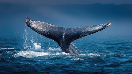 Fototapeta premium a large humpback whale in mid jump against the backdrop of the ocean, its body partially submerged while it releases water from its tail, creating a spray