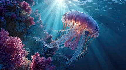 Obraz premium an underwater scene featuring a large, vibrant jellyfish swimming near pink coral formations