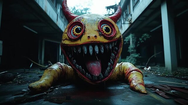 Terrifying horned demon creature with sharp teeth and long tongue crawling through an abandoned urban building