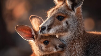 a tender moment between two kangaroo parents and their young in a natural setting