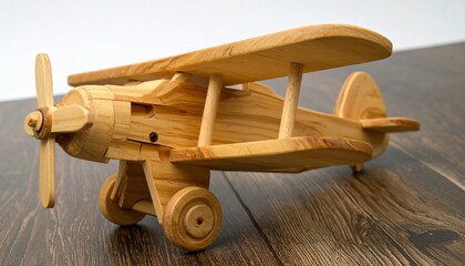 Wooden biplane model with stacked wings, propeller, and detailed struts rests on a wooden surface—showcasing handcrafted design, aviation nostalgia, and artisanal craftsmanship.