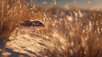 Fototapeta premium this is an image capturing a moment of a small rodent in mid action, either running or jumping, against a backdrop of a sandy dune with tall grasses