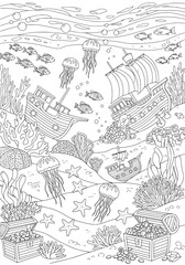 Fototapeta premium On the seabed: sunken sailing ships and treasures. coloring book