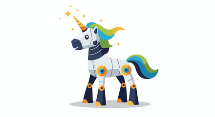 Cartoon robot unicorn with colorful mane and tail