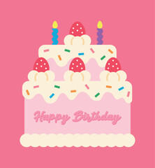 Cute birthday cake with strawberries, candles, and colorful sprinkles on pink background. Fun and festive design for celebration, greeting cards, or party invitations.