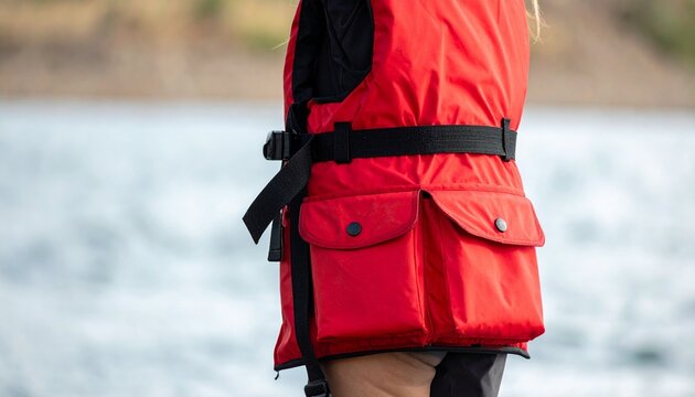 Red life jacket with black straps and pockets hangs on a wooden post near a lake, framed by autumn trees—symbolizing water safety, outdoor recreation, and seasonal adventure.