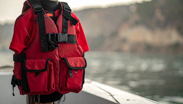 Red life jacket with black straps and pockets hangs on a wooden post near a lake, framed by autumn trees—symbolizing water safety, outdoor recreation, and seasonal adventure.