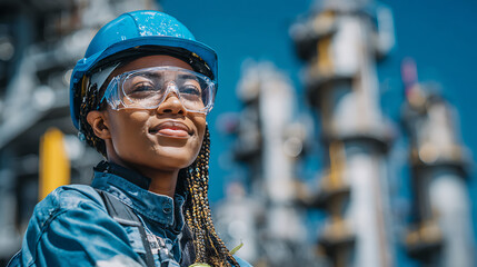 confident african engineer woman professional wearing hard hat and safety glasses at refinery site workplace career leadership industrial engineering development and corporate success