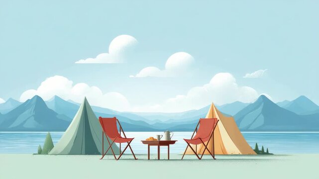 Tranquil lakeside campground features two tents, camping chairs, and a table set for breakfast, all against a backdrop of serene blue water and majestic mountains