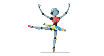 A grey robot in a red and blue tutu dances ballet