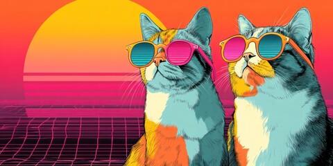 Two cats, one orange tabby and one calico, wear bright pink sunglasses and gaze out towards a vibrant sunset. The cats are positioned side-by-side, appearing relaxed and contemplative.