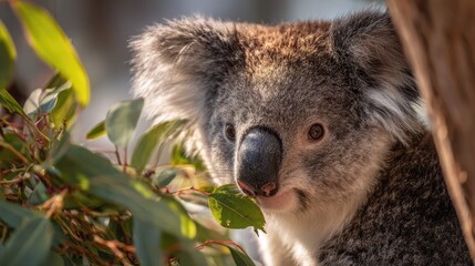 Obraz premium a koala peering from behind a green bush in an outdoor setting. the koala has distinct fur patterns with darker areas on its ears and face, and its eyes are alert as it looks towards the viewer