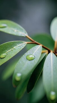 Tiny, glistening water droplets cling to the surface of vibrant green leaves, capturing the essence of a refreshing morning dew or a gentle rain shower