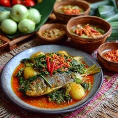 Traditional dish of fried fish and vegetables served in rich broth on woven mat