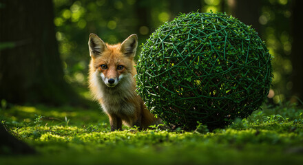 Obraz premium Red fox near green shrubbery
