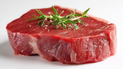 Obraz premium A vibrant, raw cut of beef steak rests on a white surface, showcasing its rich red color and marbled texture. 