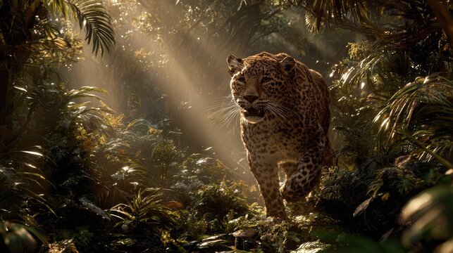 a majestic leopard sits amidst lush tropical vegetation, its gaze directed upward into the dappled sunlight filtering through the dense foliage of the jungle