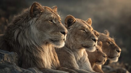 Obraz premium a serene scene of five majestic lions lounging in the wilderness. they are huddled together, their coats a mix of earthy tones that blend seamlessly with the surrounding landscape