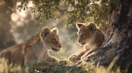 Naklejka premium a tender moment in a natural habitat where two lions are sitting close together on a rocky outcrop