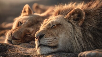 Obraz premium two lions lying down near each other, possibly in a natural habitat, with a focus on the detail of their fur and expressive eyes