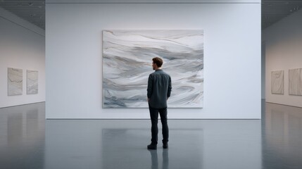 A man stands in front of a large painting in a museum