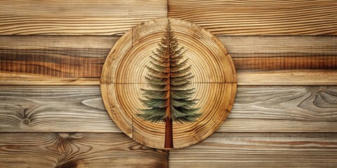 Wooden Cross-Section Featuring a Coniferous Tree Depicted in the Center Against a Rustic Wooden Background